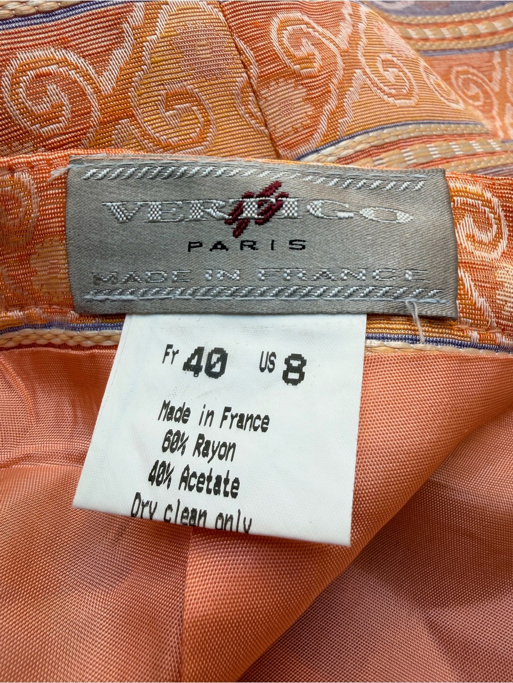 Vintage Vertigo Paris Y2K Peach Lavender Striped Metallic Pencil Skirt Size 8 US - Picture 8 of 10